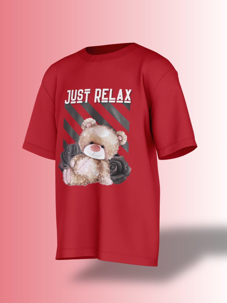 Just Relax Teddy Tee, close-up of 'JUST RELAX' text and teddy bear design.