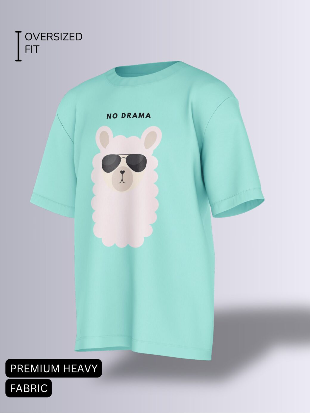 No Drama Llama Tee (Image of a light blue t-shirt with a white fluffy llama wearing sunglasses and the text "NO DRAMA" above it)