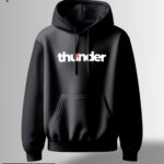 Black hoodie with "Thunder" text in bold white letters and a red lightning bolt accent in the middle.