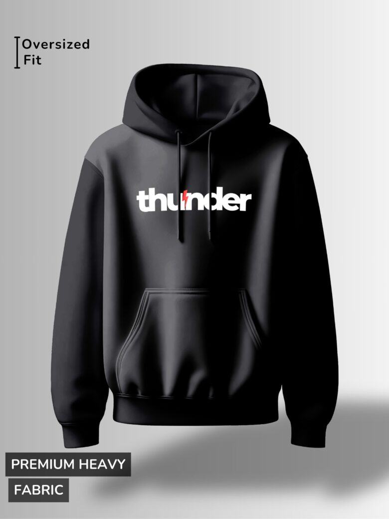 Black hoodie with "Thunder" text in bold white letters and a red lightning bolt accent in the middle.