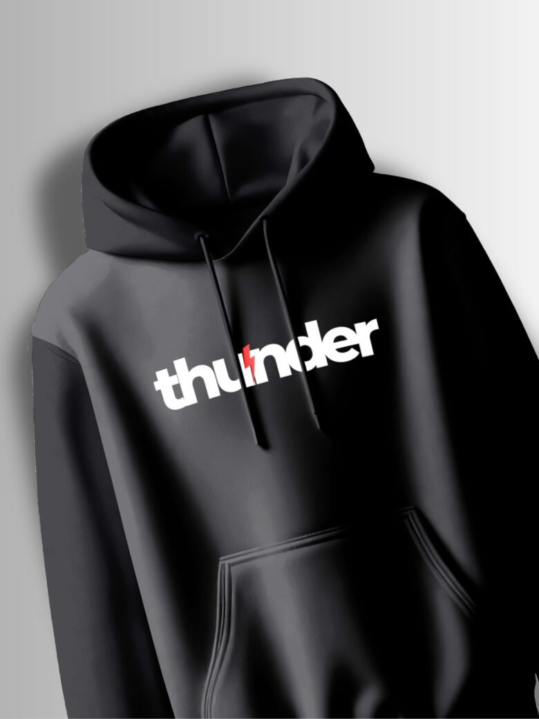 Black hoodie with "Thunder" text in bold white letters and a red lightning bolt accent in the middle.