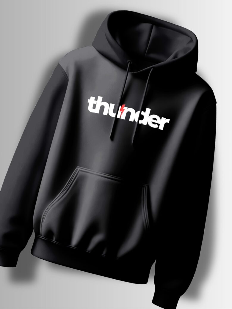 Black hoodie with "Thunder" text in bold white letters and a red lightning bolt accent in the middle.