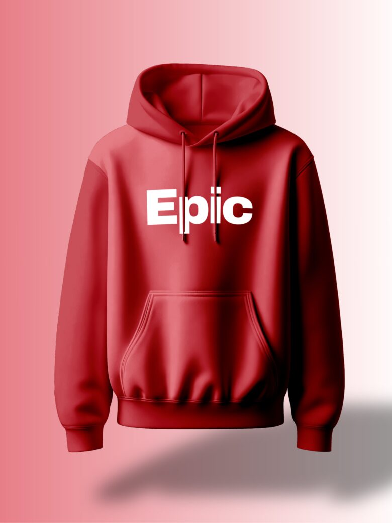 Epic Red Hoodie, front view, bold white 'Epic' typography.