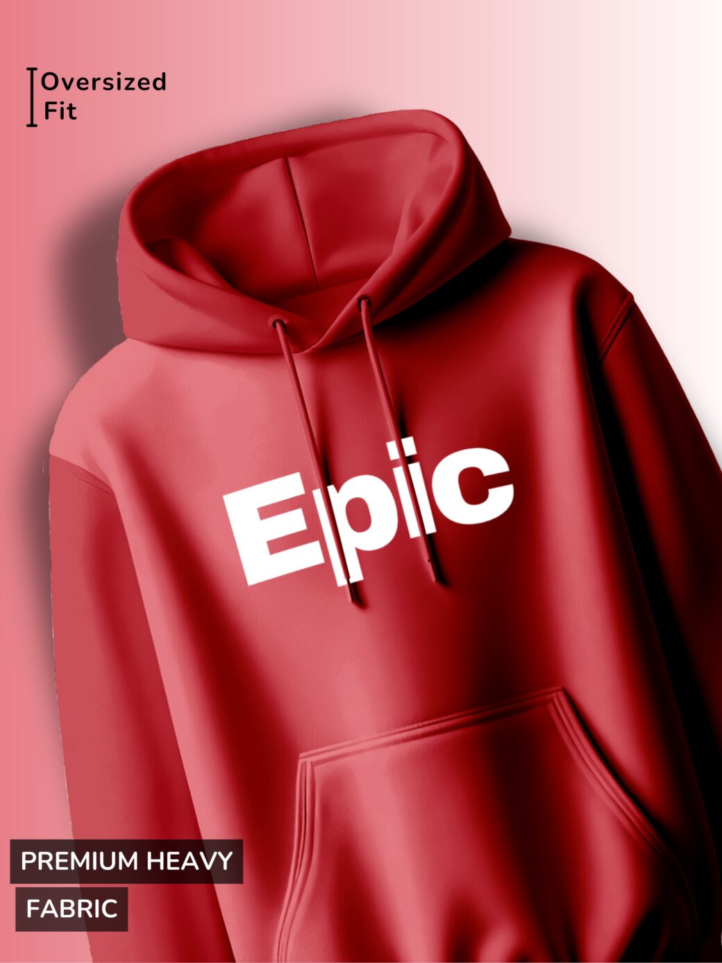 Epic Red Hoodie, front view, bold white 'Epic' typography.