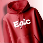 Epic Red Hoodie, front view, bold white 'Epic' typography.