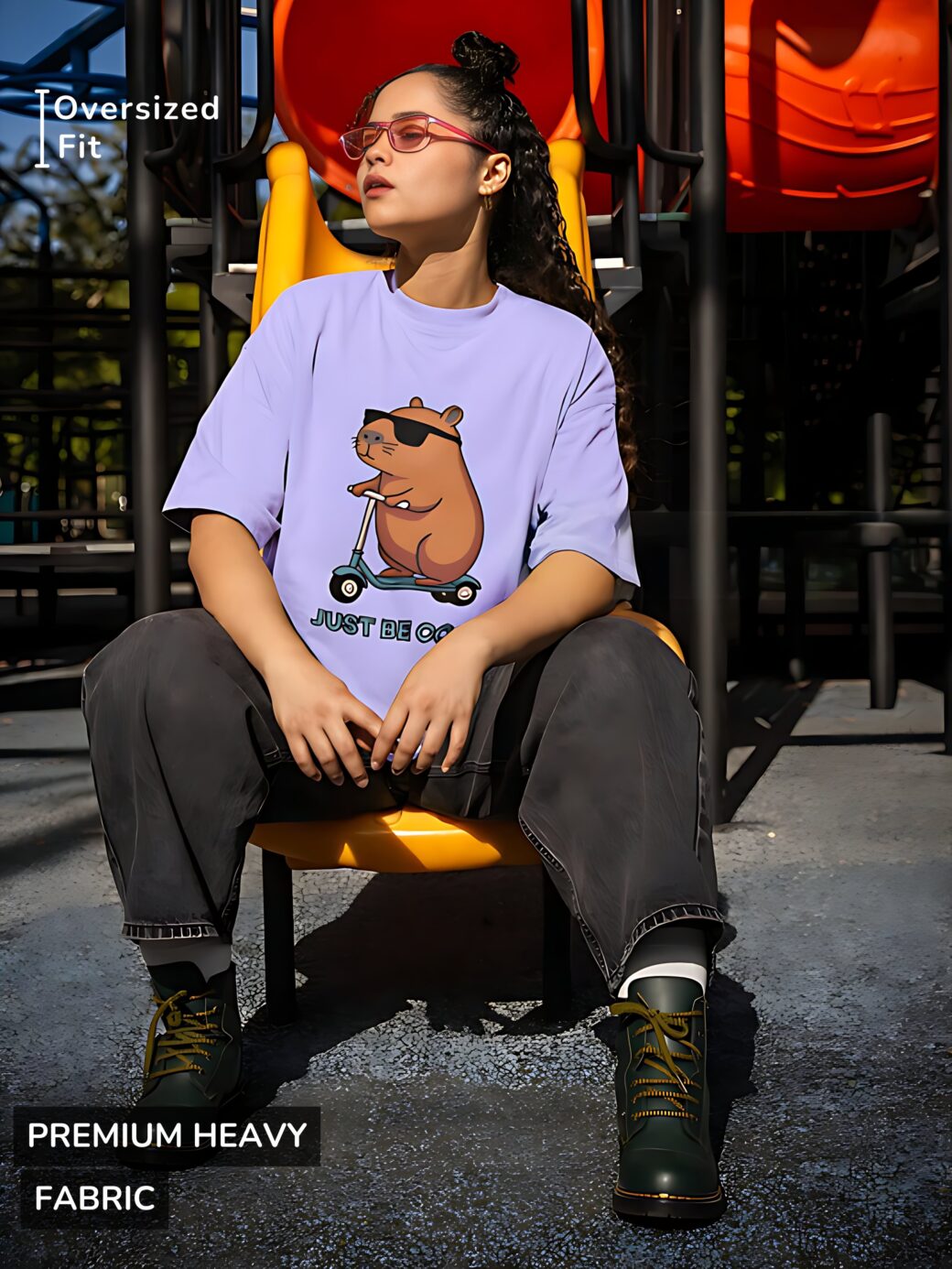 Cool Hamster Scooter Tee (Image of a light purple t-shirt with a cartoon hamster wearing sunglasses on a scooter and the text "JUST BE COOL")