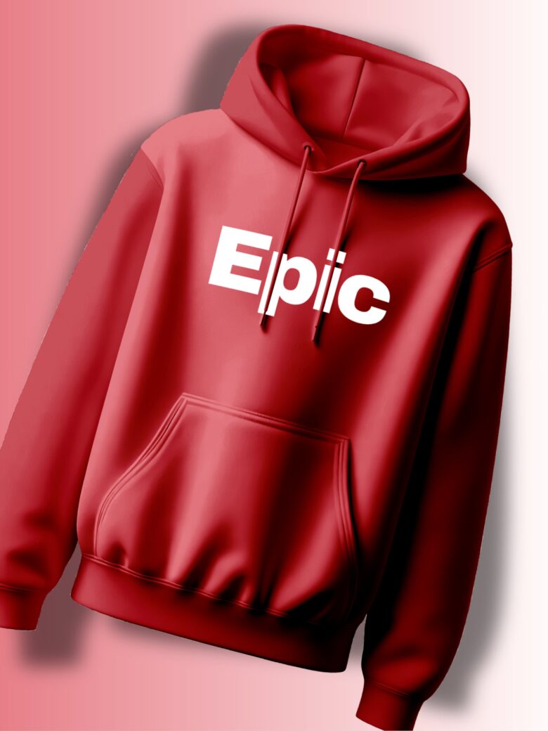 Epic Red Hoodie, front view, bold white 'Epic' typography.