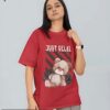 Just Relax Teddy Tee (Image of a red t-shirt with a teddy bear and roses graphic and the text "JUST RELAX")