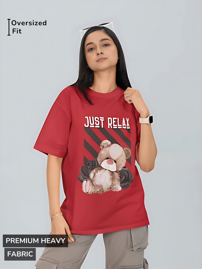 Just Relax Teddy Tee (Image of a red t-shirt with a teddy bear and roses graphic and the text "JUST RELAX")