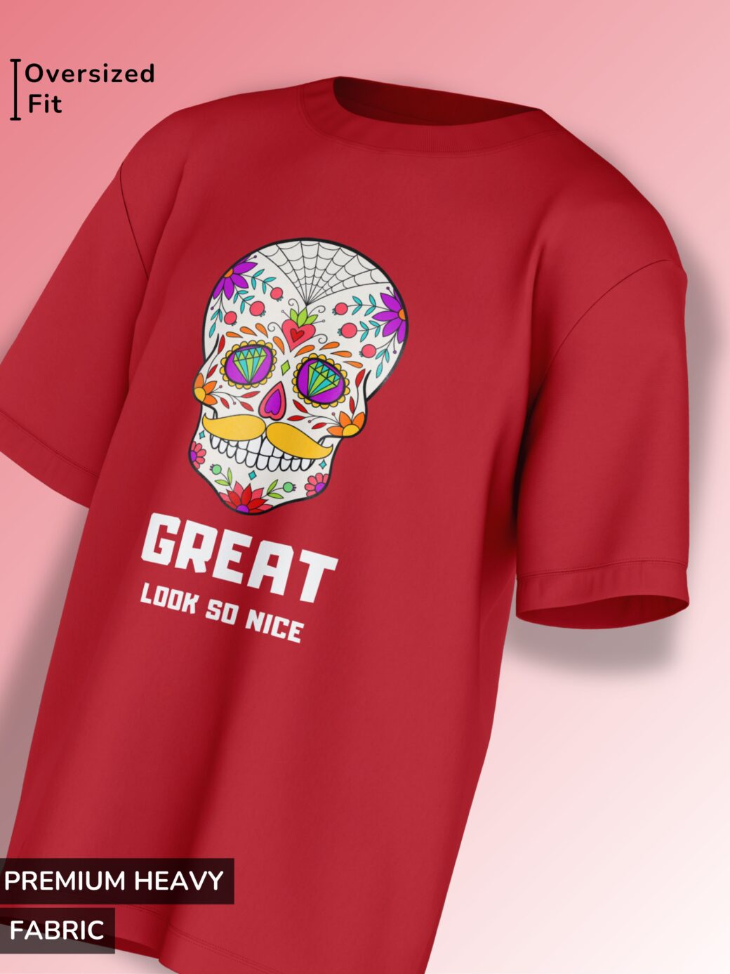 red oversized t-shirt featuring a vibrant sugar skull design for a bold celebration look.