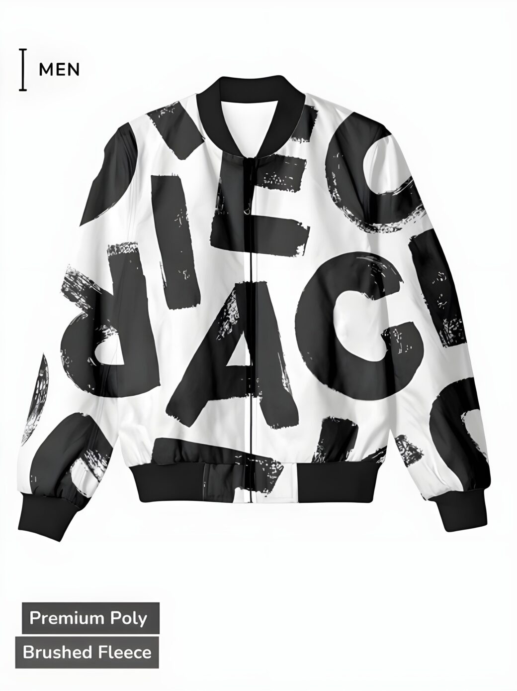 Abstract Typographic Bomber Jacket, front view, bold black letter design on white.