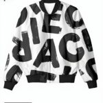 Abstract Typographic Bomber Jacket, front view, bold black letter design on white.