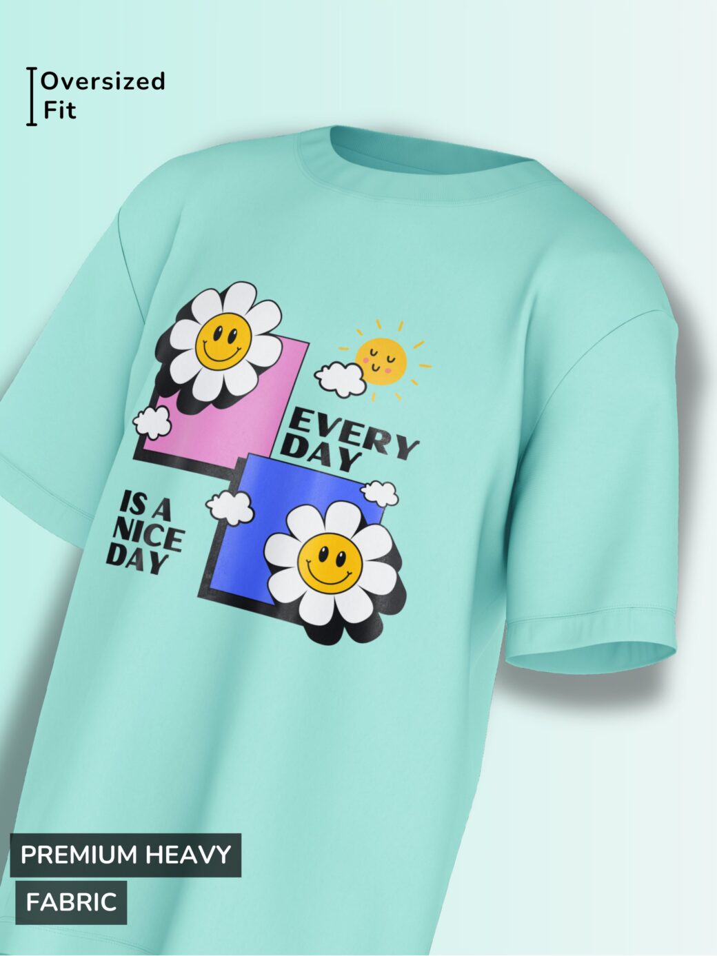 mint oversized t-shirt with 'happy daisy' grid print.