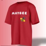 red oversized t-shirt with 'maybee' print.