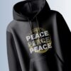 Black hoodie with the word "PEACE" repeated three times around a peace symbol with a distressed, vintage effect.