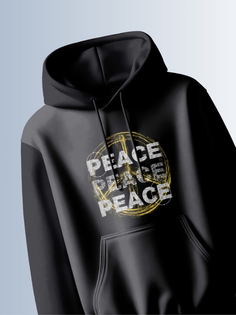 Black hoodie with the word "PEACE" repeated three times around a peace symbol with a distressed, vintage effect.