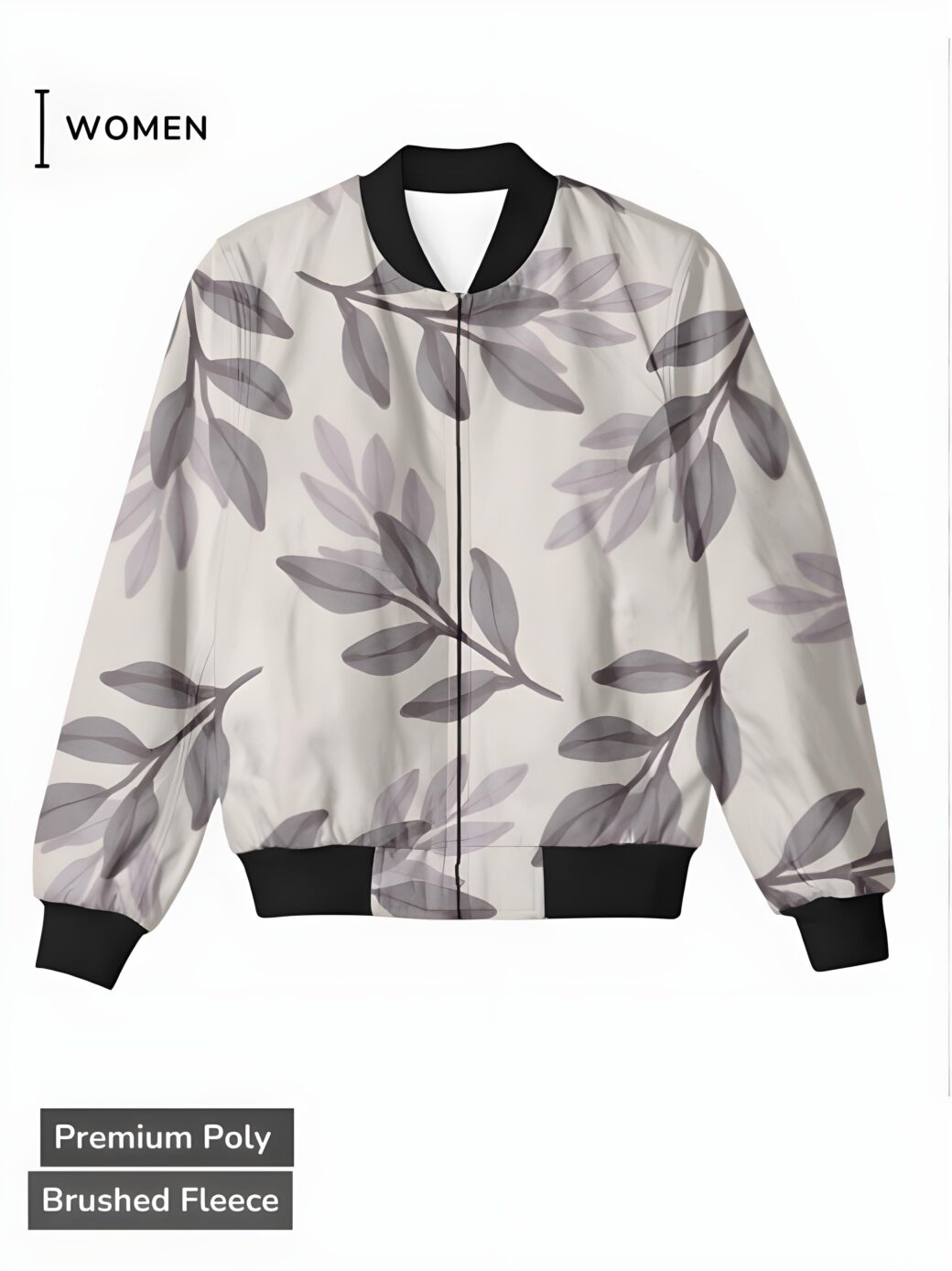 A light gray women's bomber jacket with delicate gray leaf patterns, creating a serene and elegant design.