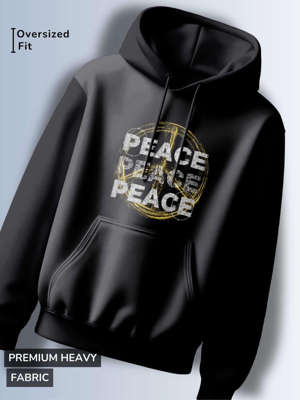 Black hoodie with the word "PEACE" repeated three times around a peace symbol with a distressed, vintage effect.