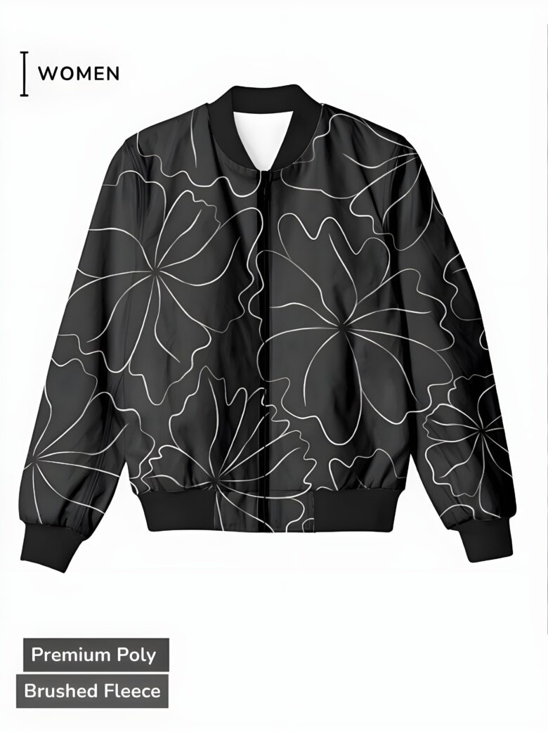 A black women's bomber jacket with delicate white floral line art, creating a bold and elegant design.