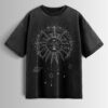 Distressed black oversized T-shirt with a sun and moon graphic and celestial elements.