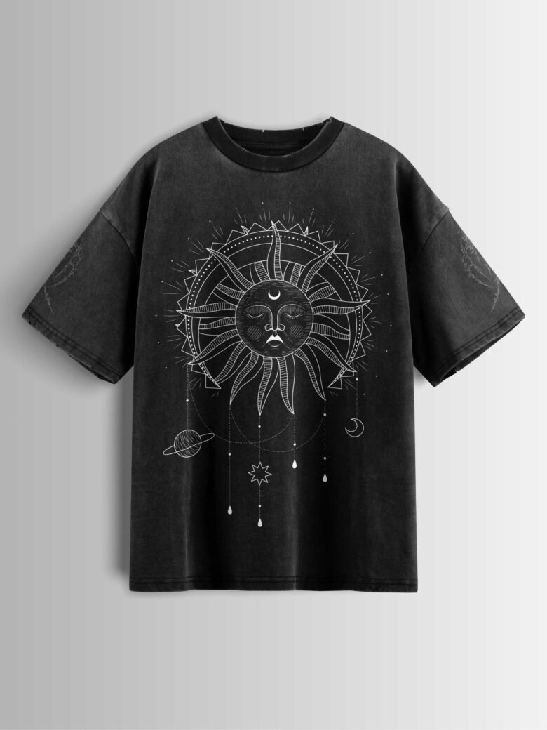 Distressed black oversized T-shirt with a sun and moon graphic and celestial elements.