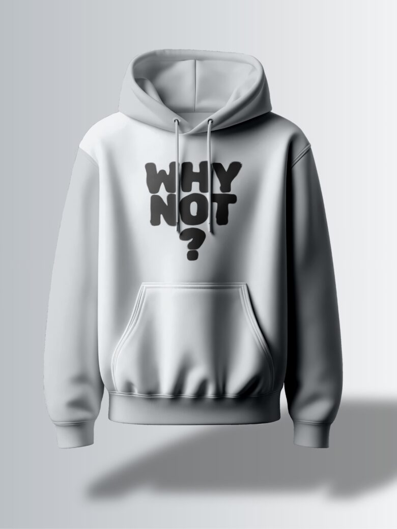 Light grey hoodie with the phrase "WHY NOT?" in a bold, slightly playful, black font.