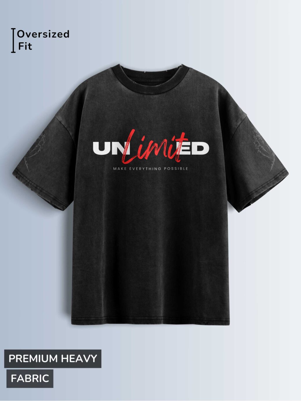 Distressed black oversized T-shirt with 'UNLIMITED' text in white and red and 'MAKE EVERYTHING POSSIBLE' text.