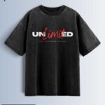 Distressed black oversized T-shirt with 'UNLIMITED' text in white and red and 'MAKE EVERYTHING POSSIBLE' text.