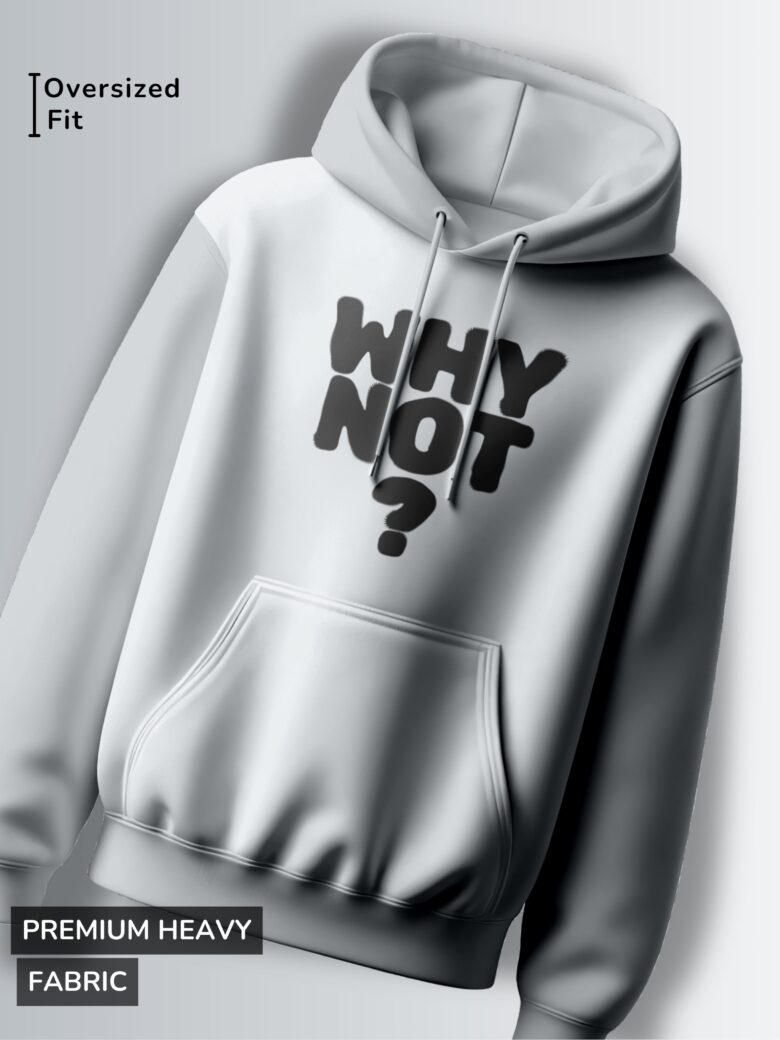 Light grey hoodie with the phrase "WHY NOT?" in a bold, slightly playful, black font.