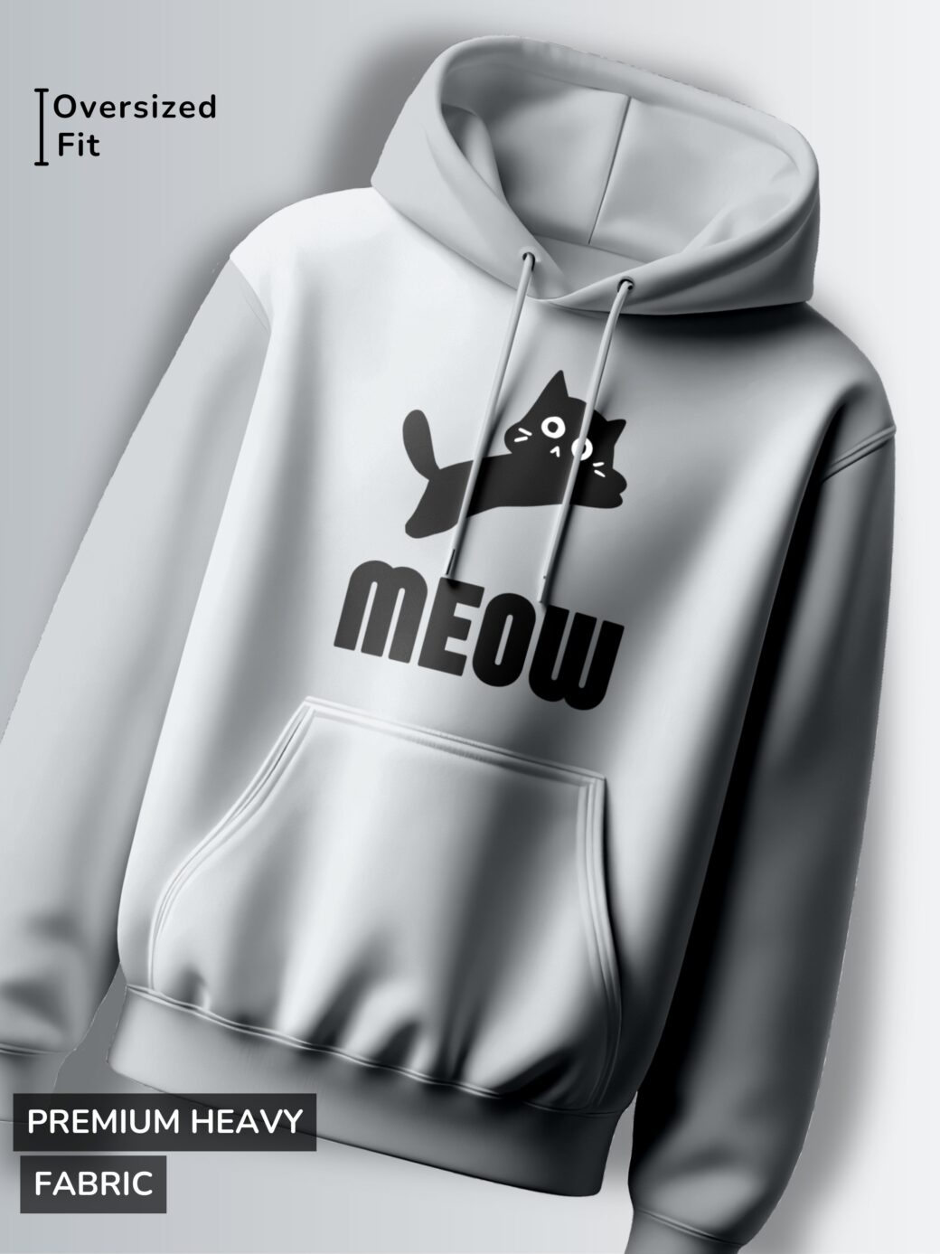 Light grey hoodie with a silhouette of a cat and the word "MEOW" in a bold, black font.