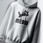 Light grey hoodie with a silhouette of a cat and the word "MEOW" in a bold, black font.