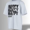 White oversized T-shirt featuring a distorted 'HAPPY' typography with a black-and-white reaching hand graphic.