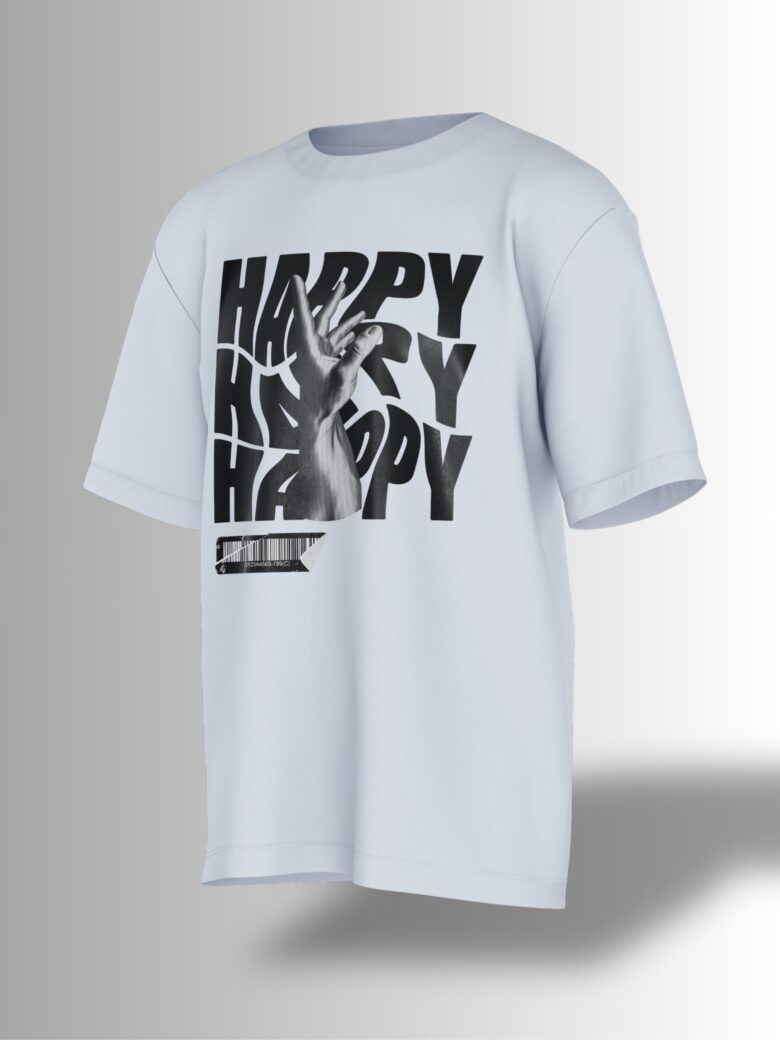 White oversized T-shirt featuring a distorted 'HAPPY' typography with a black-and-white reaching hand graphic.