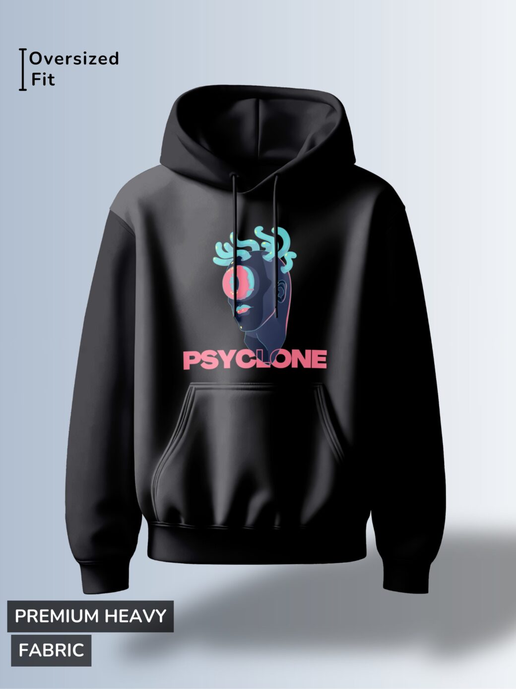 Black hoodie with a stylized human head graphic with abstract, swirling elements and vibrant colors, and the word "PSYCLONE" in bold letters.