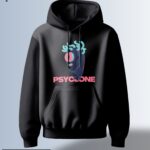 Black hoodie with a stylized human head graphic with abstract, swirling elements and vibrant colors, and the word "PSYCLONE" in bold letters.