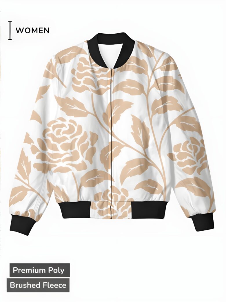 A white women's bomber jacket with a beige rose garden pattern, creating a classic and elegant design.