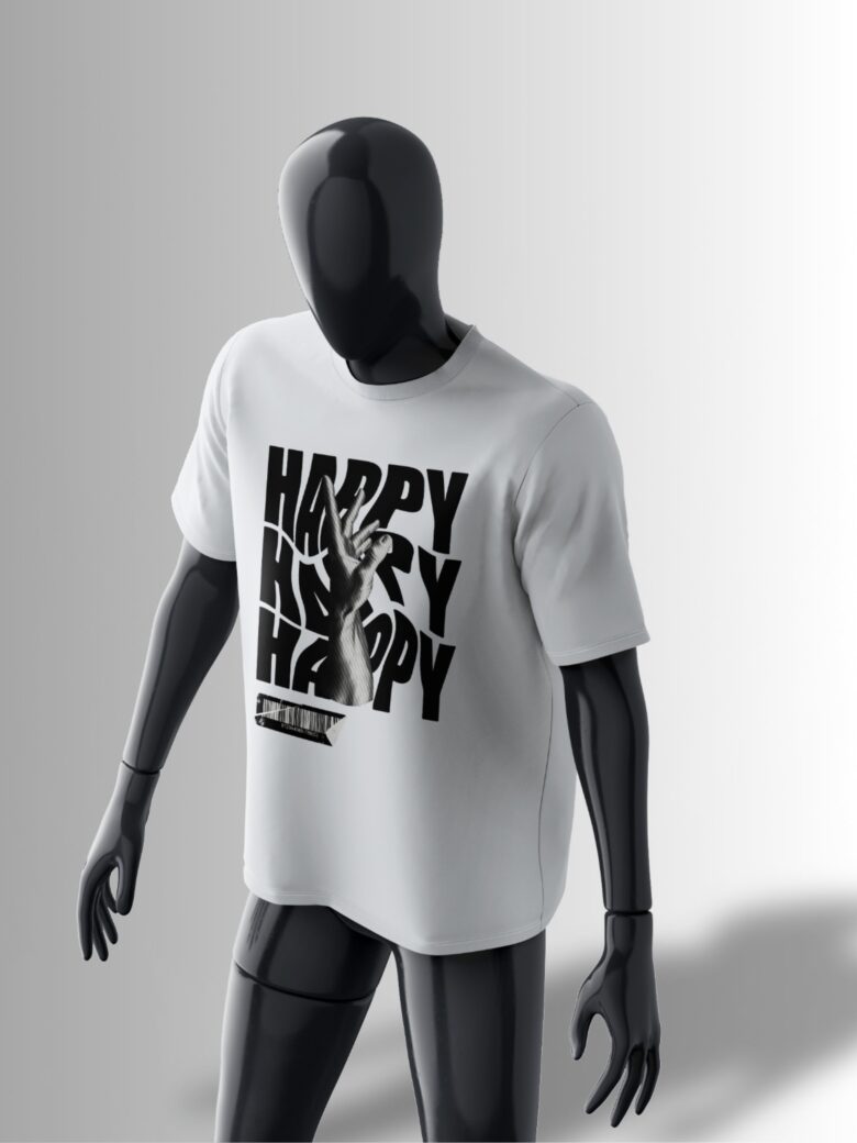 White oversized T-shirt featuring a distorted 'HAPPY' typography with a black-and-white reaching hand graphic.