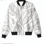 A white women's bomber jacket with delicate leaf vein patterns and subtle shading, creating a serene and elegant design.