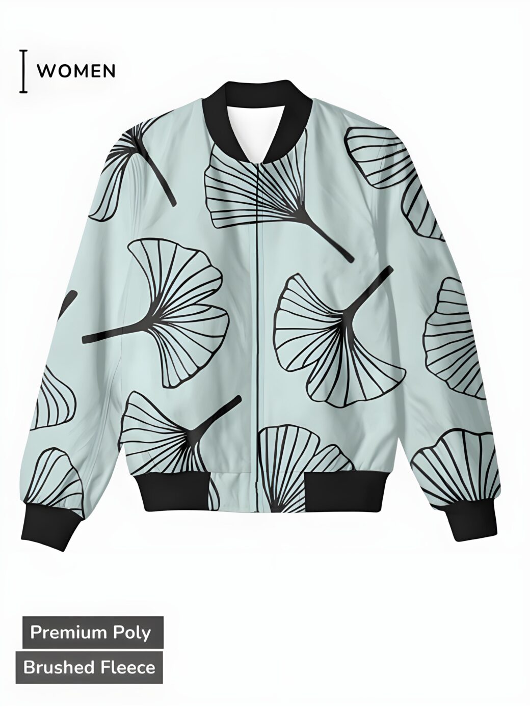 A light blue women's bomber jacket with bold black ginkgo leaf patterns, creating a stylish and modern design.