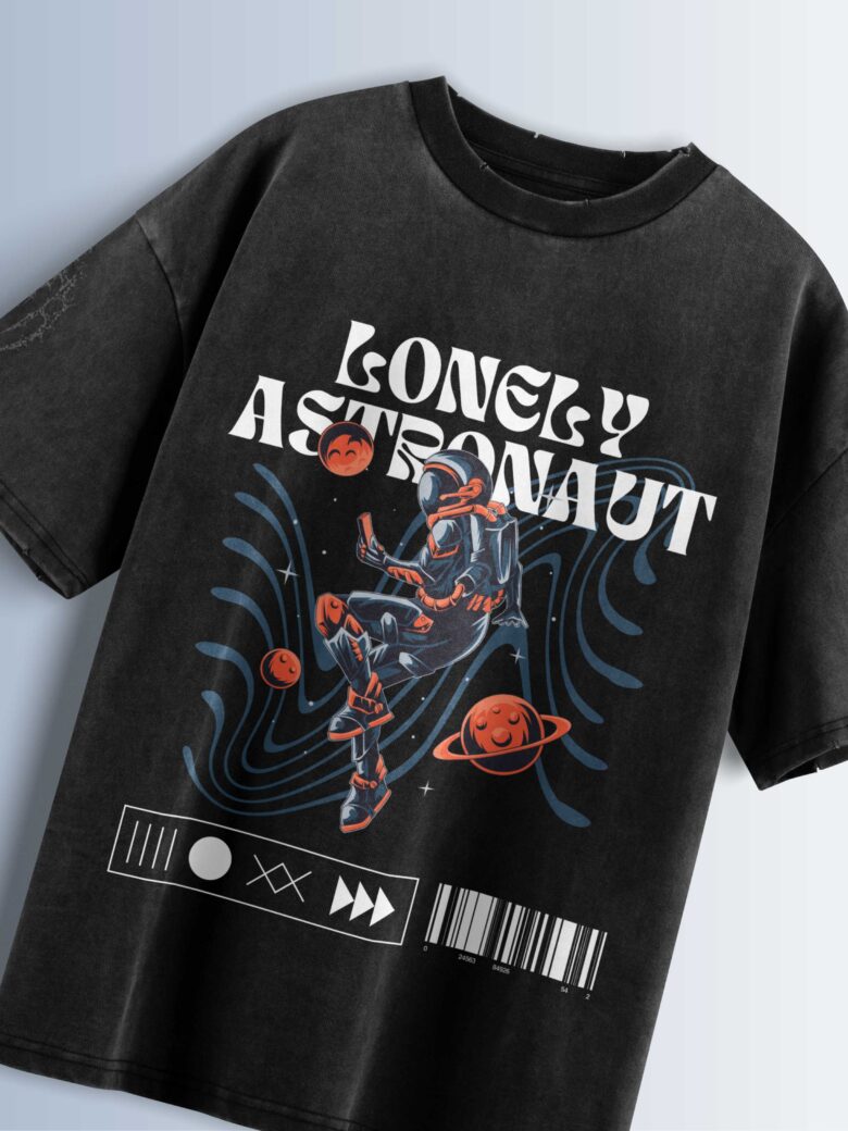 Distressed black oversized T-shirt with 'LONELY ASTRONAUT' text and an astronaut graphic floating in space.