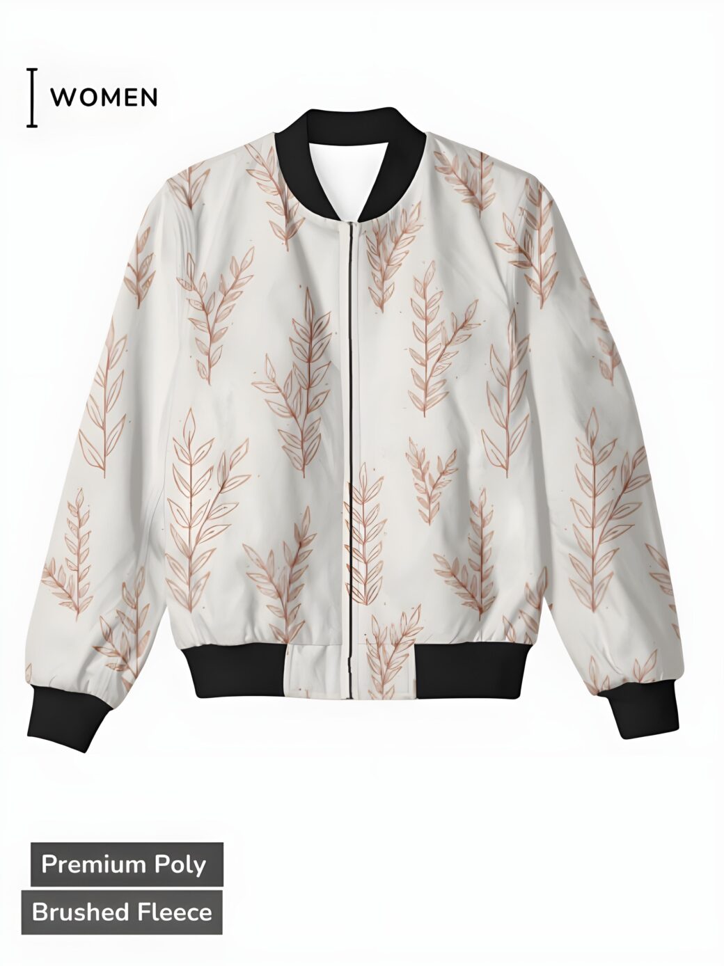 A light off-white women's bomber jacket with delicate pastel pink and brown leaf patterns, creating a serene and gentle design.