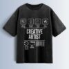 Distressed black oversized T-shirt with 'CREATIVE ARTIST' text and icons representing multi-tasking, decision making, coffee lover, and travel.