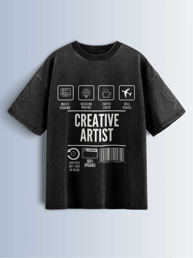 Distressed black oversized T-shirt with 'CREATIVE ARTIST' text and icons representing multi-tasking, decision making, coffee lover, and travel.