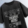 Distressed black oversized T-shirt with 'CREATIVE ARTIST' text and icons representing multi-tasking, decision making, coffee lover, and travel.