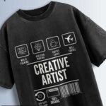 Distressed black oversized T-shirt with 'CREATIVE ARTIST' text and icons representing multi-tasking, decision making, coffee lover, and travel.