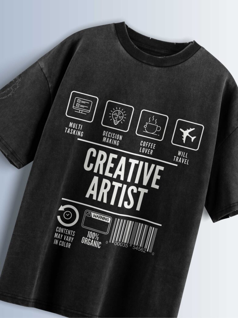 Distressed black oversized T-shirt with 'CREATIVE ARTIST' text and icons representing multi-tasking, decision making, coffee lover, and travel.