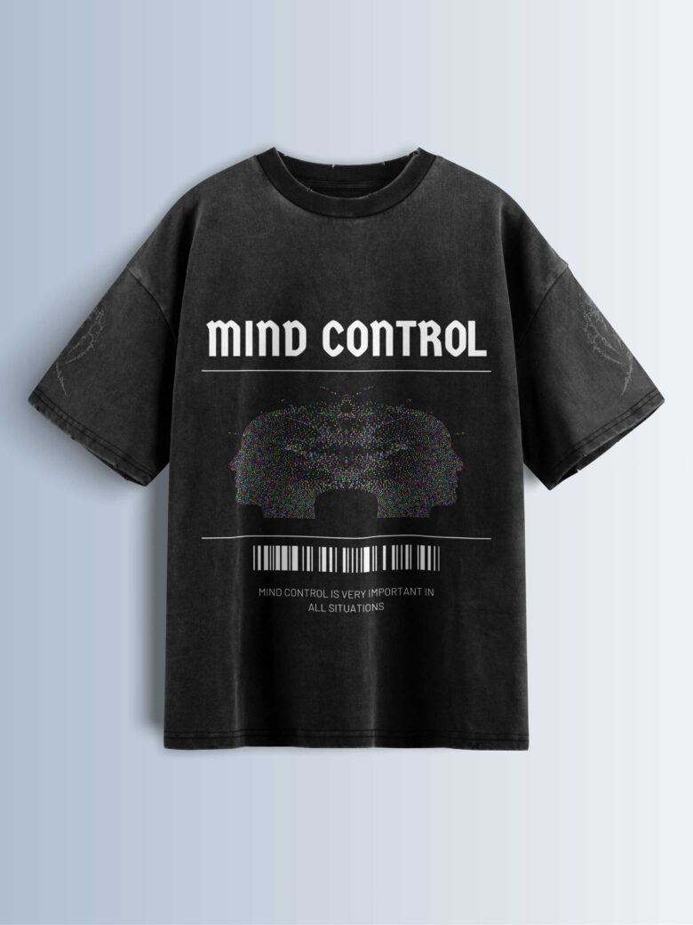 Distressed black oversized T-shirt with 'MIND CONTROL' graphic, abstract glitch image, and text 'MIND CONTROL IS VERY IMPORTANT IN ALL SITUATIONS'.