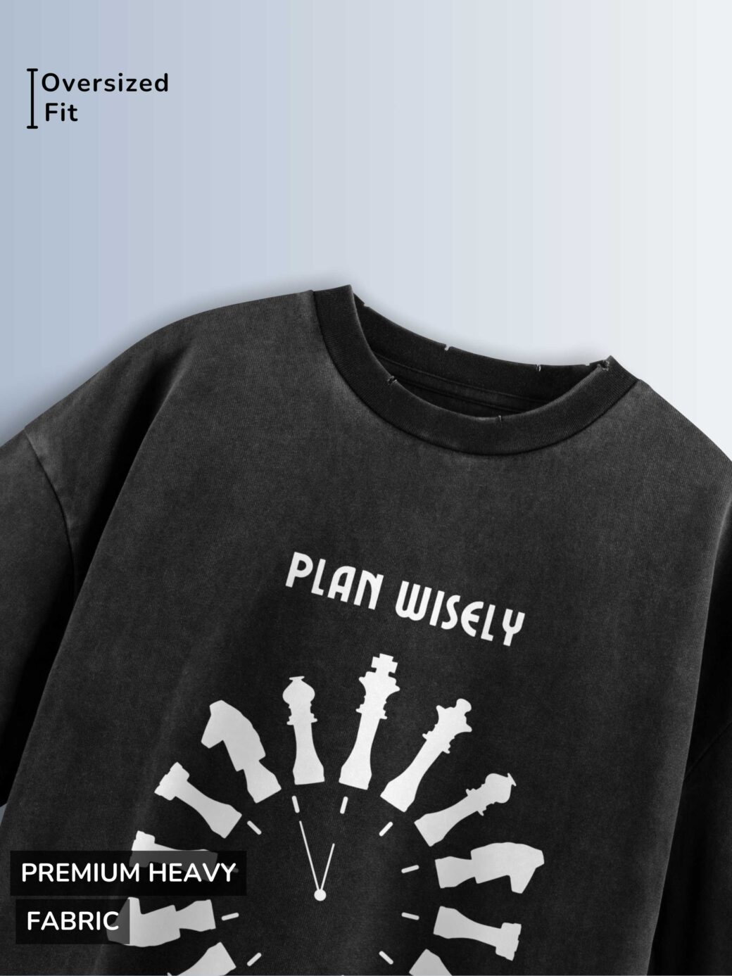 Distressed black oversized T-shirt with a chess piece clock graphic and 'PLAN WISELY' and 'PLAY QUICKLY' text.