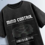 Distressed black oversized T-shirt with 'MIND CONTROL' graphic, abstract glitch image, and text 'MIND CONTROL IS VERY IMPORTANT IN ALL SITUATIONS'.