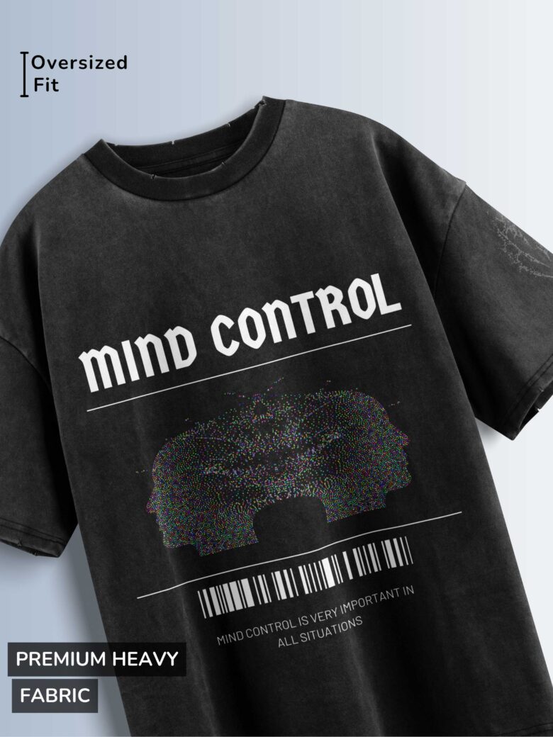 Distressed black oversized T-shirt with 'MIND CONTROL' graphic, abstract glitch image, and text 'MIND CONTROL IS VERY IMPORTANT IN ALL SITUATIONS'.